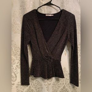 Mi Ami Black and Metallic Long Sleeve Peplum Top